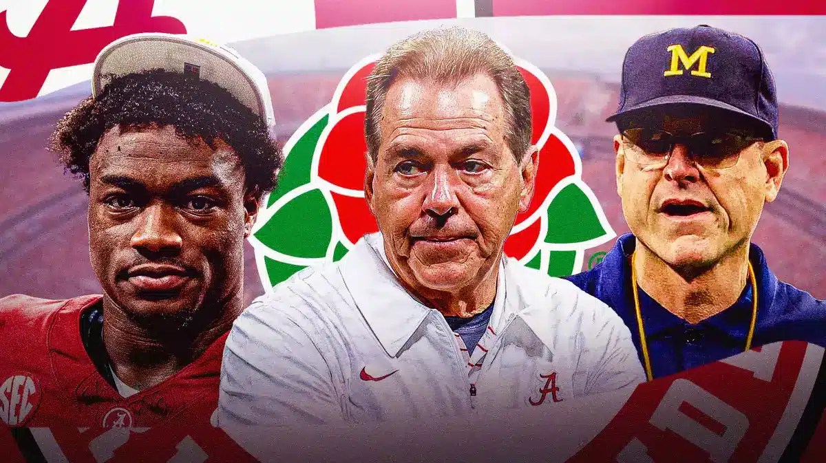 Alabama football HC Nick Saban with Crimson Tide QB Jalen Milroe before Rose Bowl