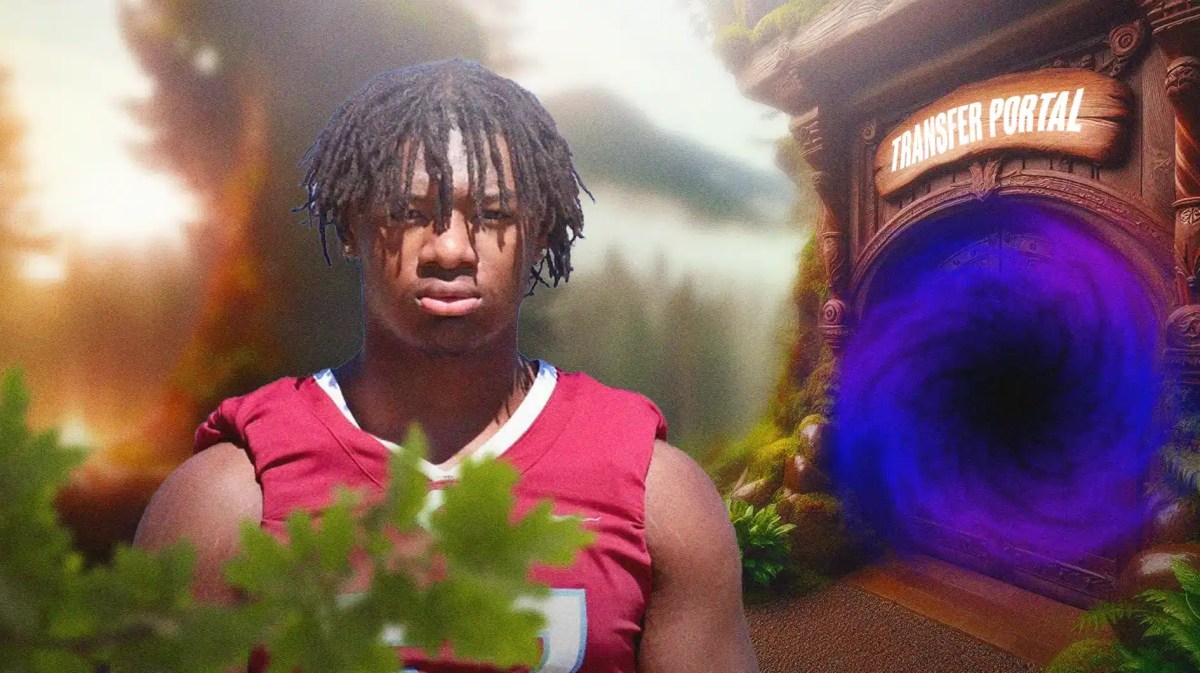 Alabama's Elijah Pritchett on the left, transfer portal on the right in the foreground.