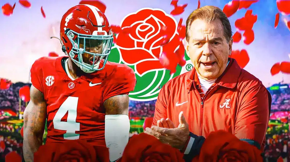 Jalen Milroe, Nick Saban, in Rose Bowl surrounded by roses