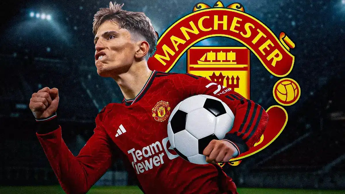Alejandro Garnacho on fire in front of the Manchester United logo