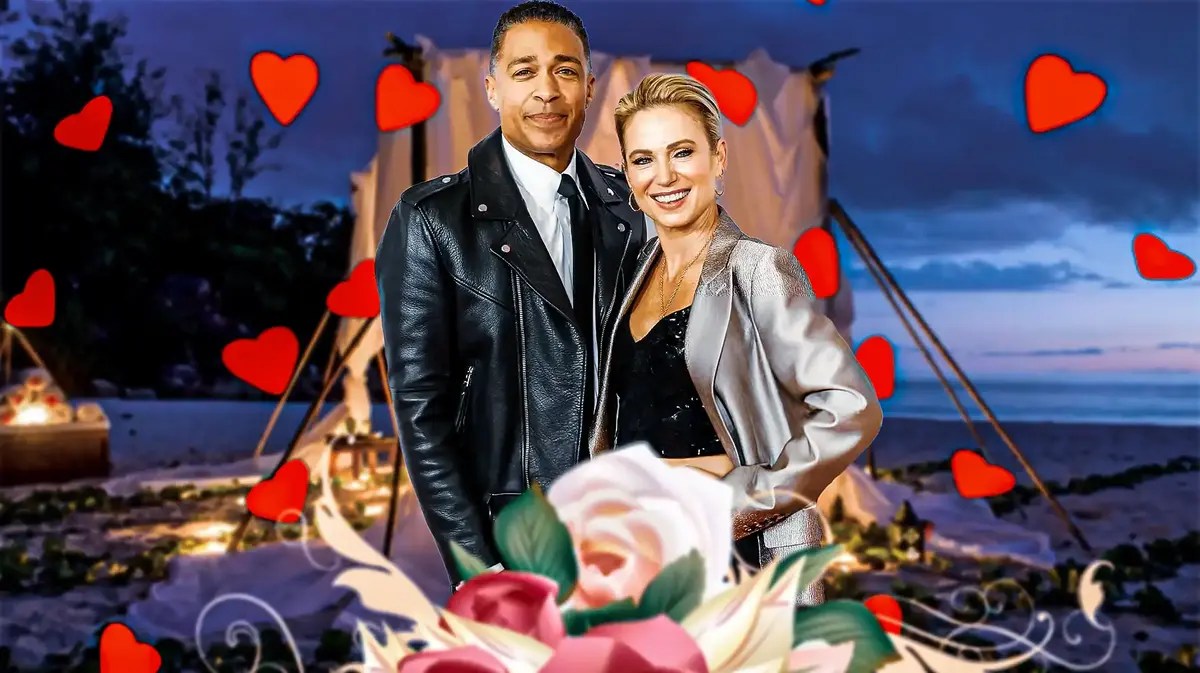 Amy Robach and TJ Holmes with hearts and flowers around them