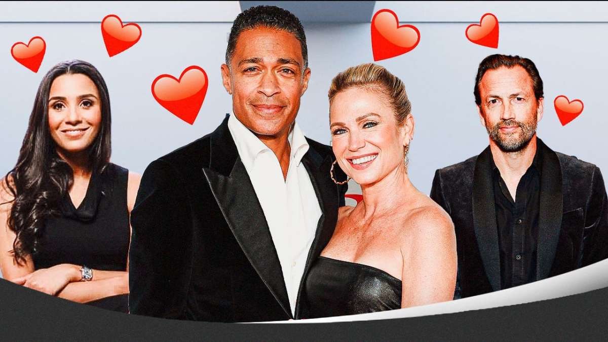 Amy Robach, TJ Holmes, and their exes Andrew Shue and Marilee Fiebig with hearts around everyone