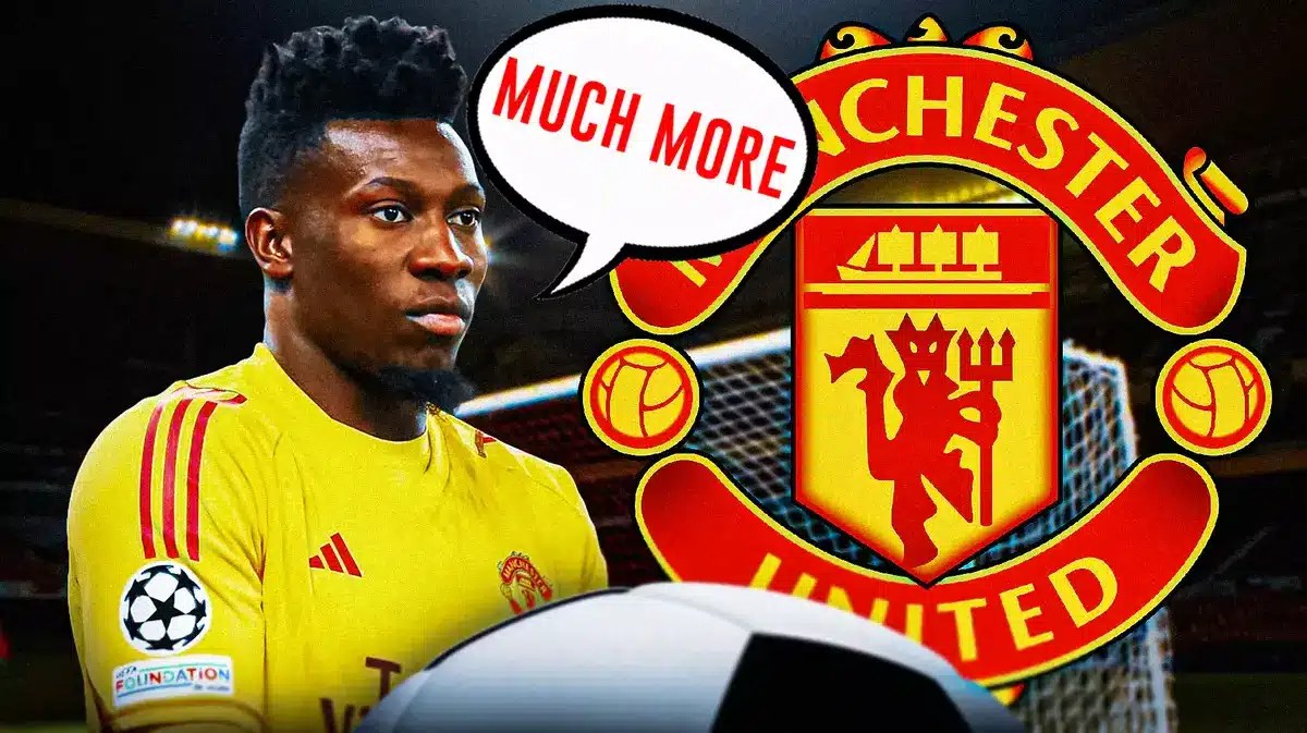 Andre Onana saying: ‘much more’ in front of the Manchester United logo