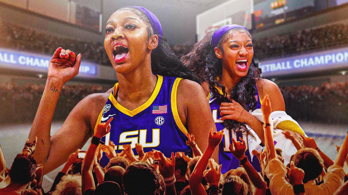 LSU women’s basketball player Angel Reese in her LSU uniform, looking happy on a basketball court