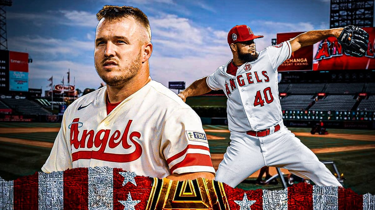 Angels' Mike Trout celebrating alongside a pitching Luis Garcia