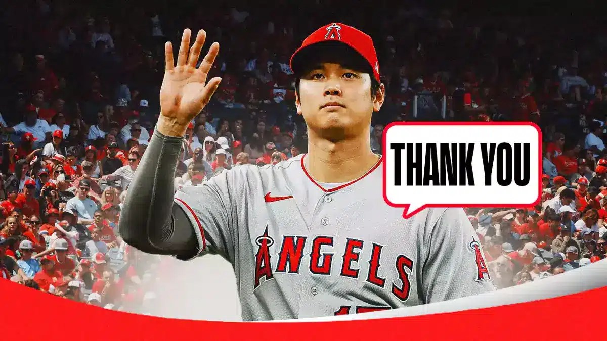 Shohei Ohtani in an Angels uniform saying “thank you” with Angels fans in the background