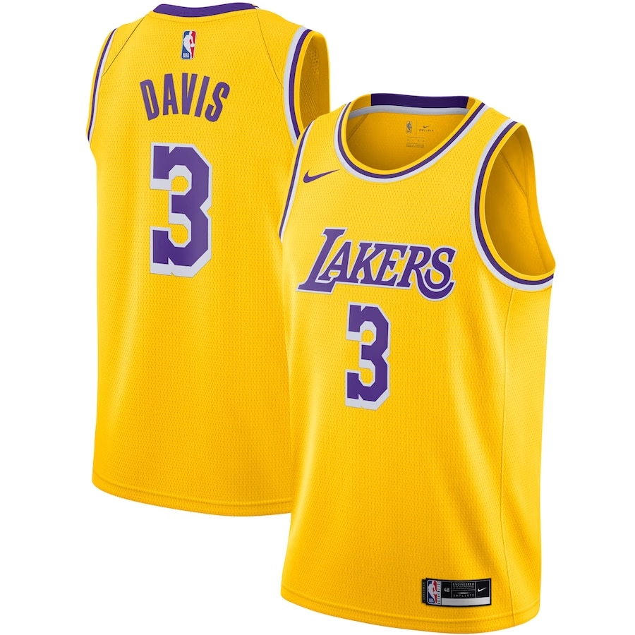 Anthony Davis Los Angeles Lakers Nike Swingman Jersey Icon Edition - Gold colored on a white background.