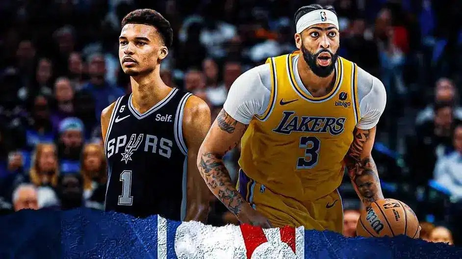 Anthony Davis alongside Victor Wembanyama. Also include the Lakers and Spurs logos in the background with a screen grab of the dunk from the link