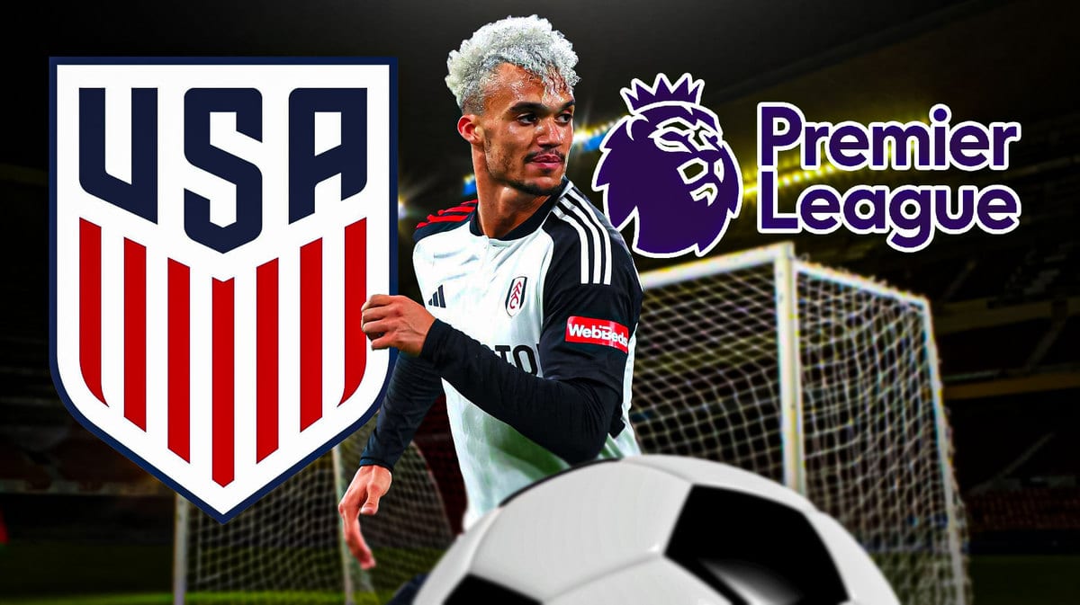 Antonee Robinson in front of the USMNT and Premier League logos