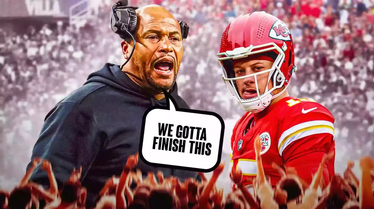 Antonio Pierce saying “We gotta finish this”, Patrick Mahomes next to him
