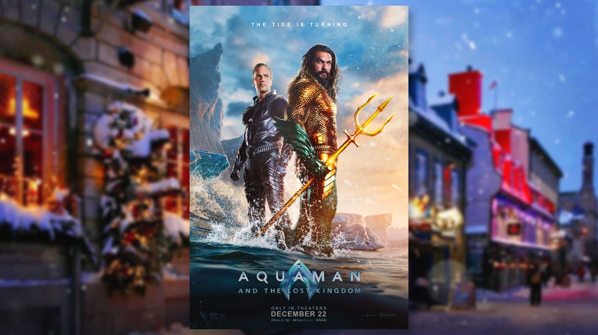 Aquaman and the Lost Kingdom poster with Christmas background.