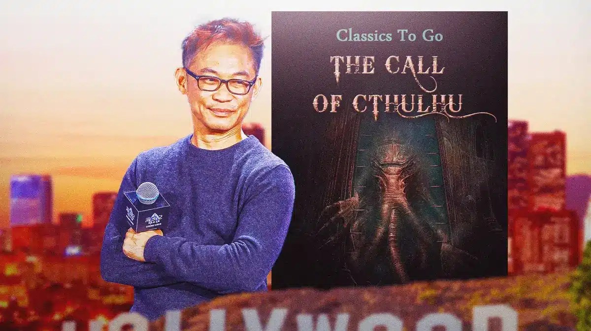 Aquaman 2 and the Conjuring director James Wan next to The Call of Cthulhu cover.