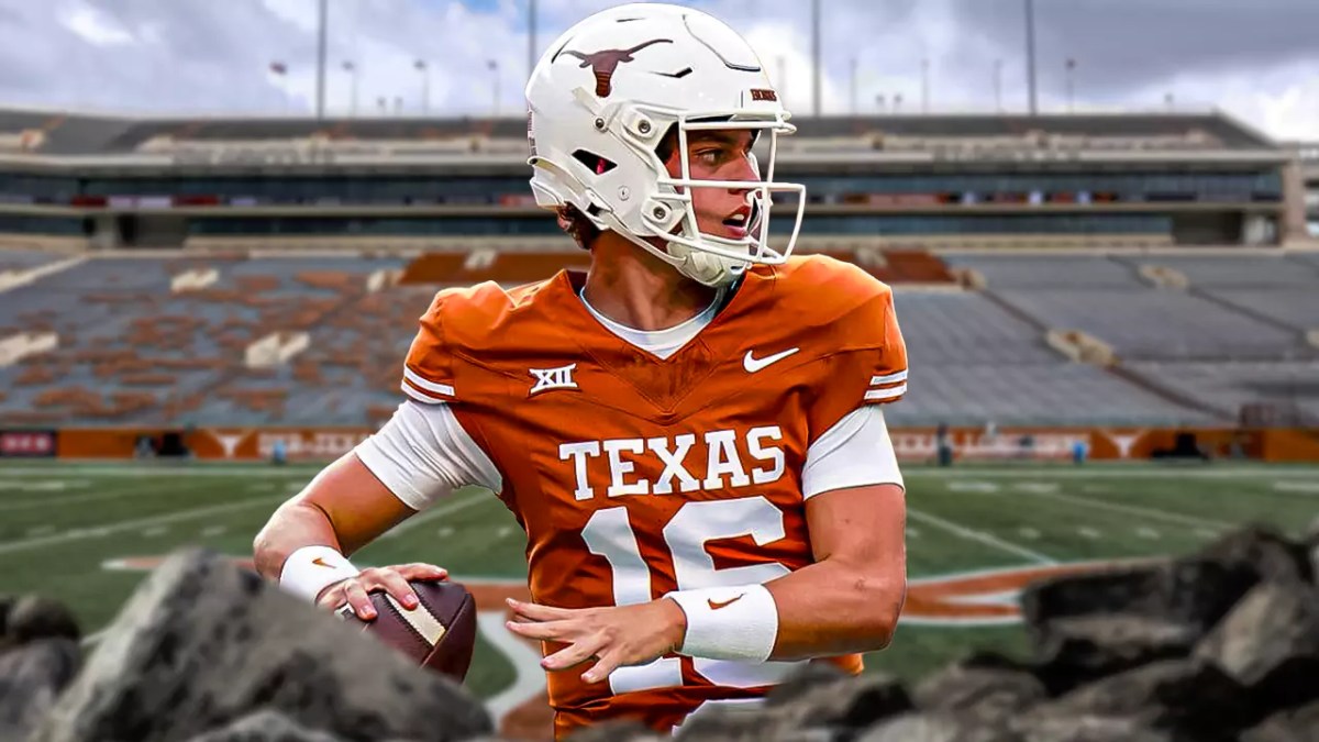 Texas football, Longhorns, Arch Manning, Quinn Ewers, Arch Manning Texas, Arch Manning in Texas uni with Texas football stadium in the background