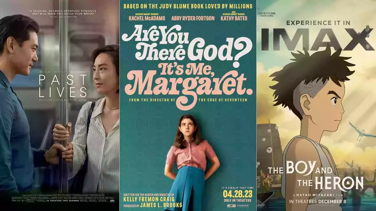 Are You There God? It's Me, Margaret, Past Lives, and The Boy and the Heron posters.