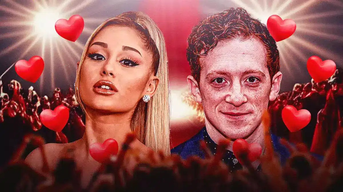 Ariana Grande and Ethan Slater with hearts around them