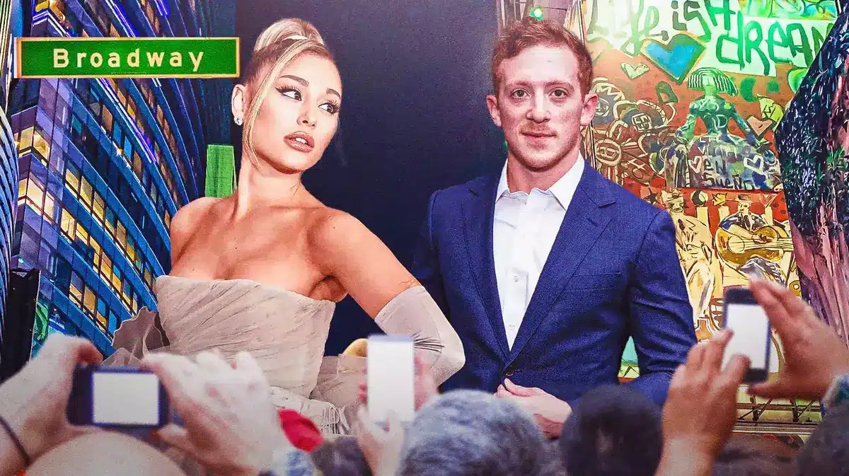 Ariana Grande and Ethan Slater and a Broadway sign