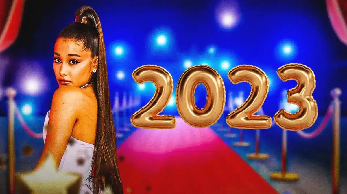Ariana Grande with “2023” balloons in the background
