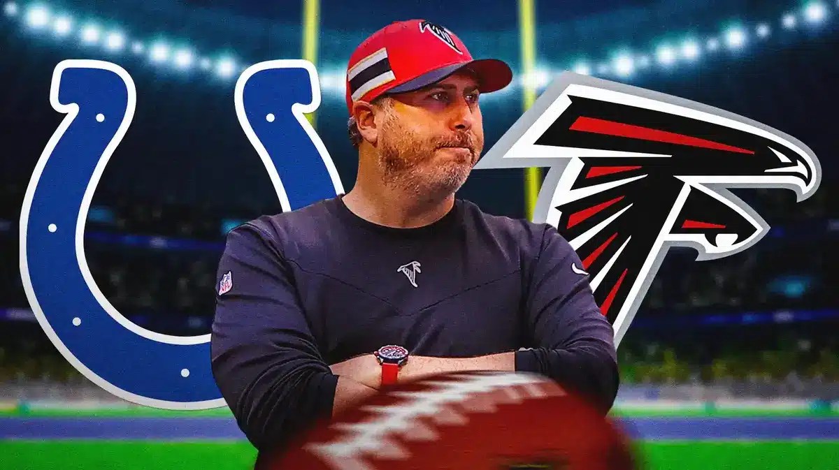 Arthur Smith in middle of image looking stern, Colts and Falcons logo on either side, football field in background
