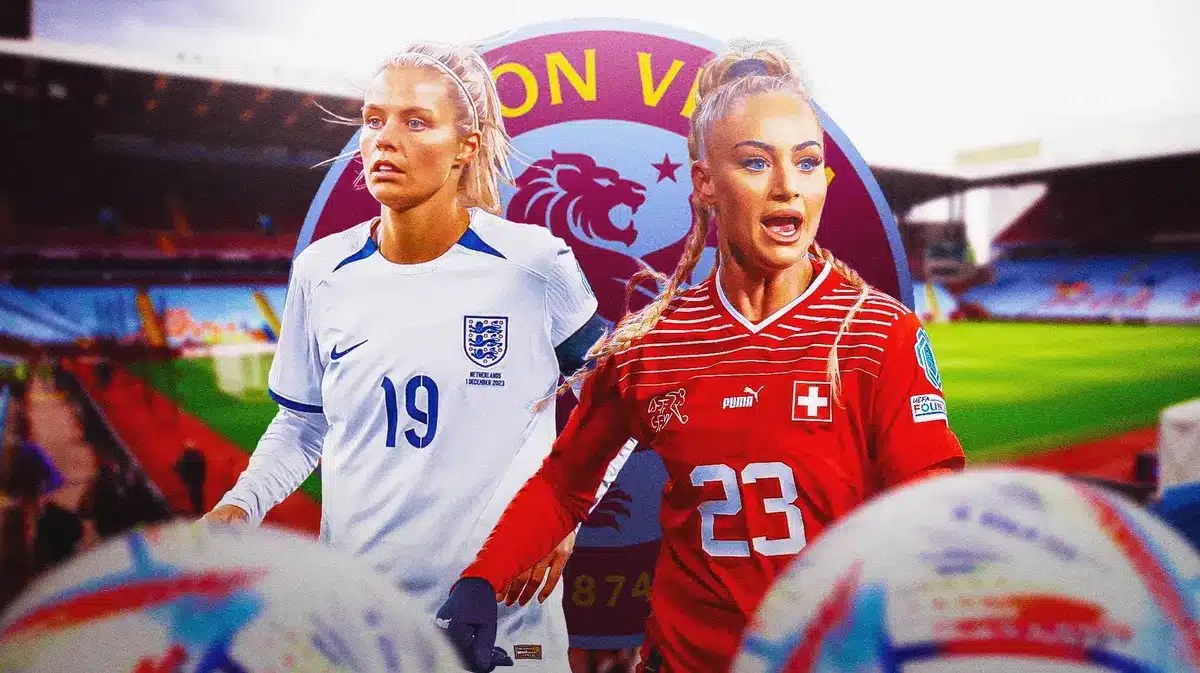 Alisha Lehmann and Rachel Daly in front of the Aston Villa logo