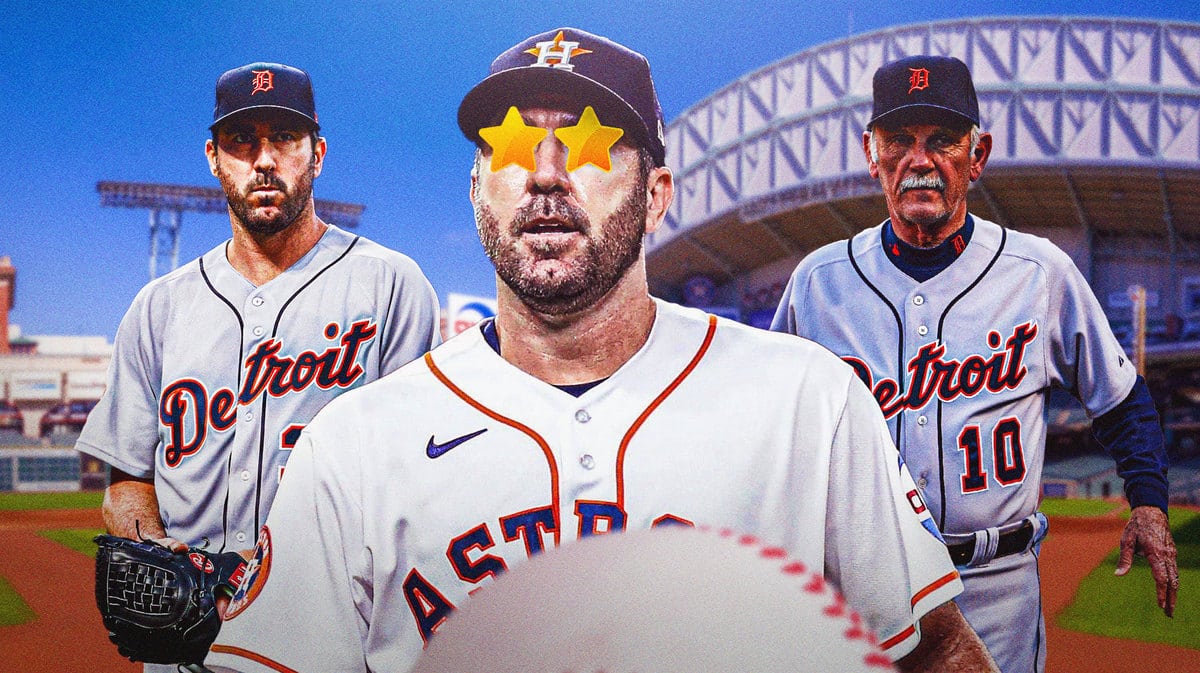 Astros' Justin Verlander with stars in his eyes in front. In background, have Tigers' Justin Verlander and Tigers' Jim Leyland together