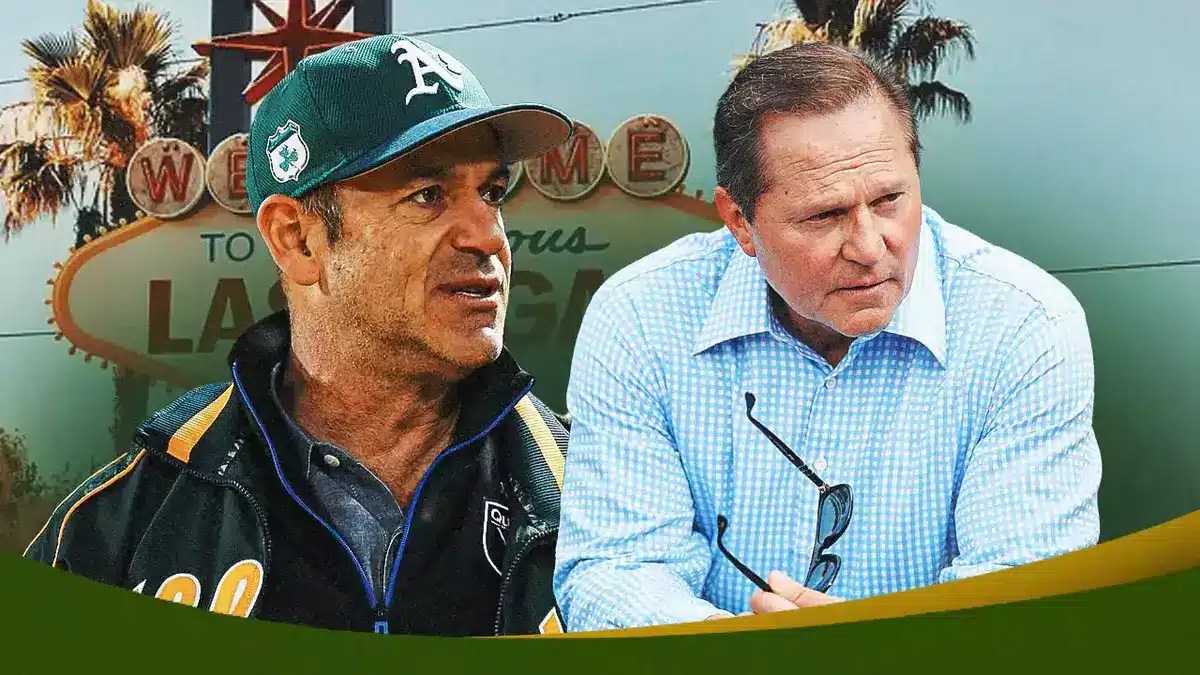 Scott Boras with disappointed face in front, Oakland Athletics owner John Fisher and Las Vegas in the background