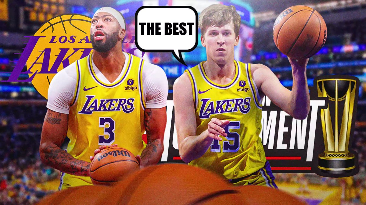 Austin Reaves saying: 'The best,' include Anthony Davis alongside him with the Lakers logo and the NBA In-Season Tournament logo in the background