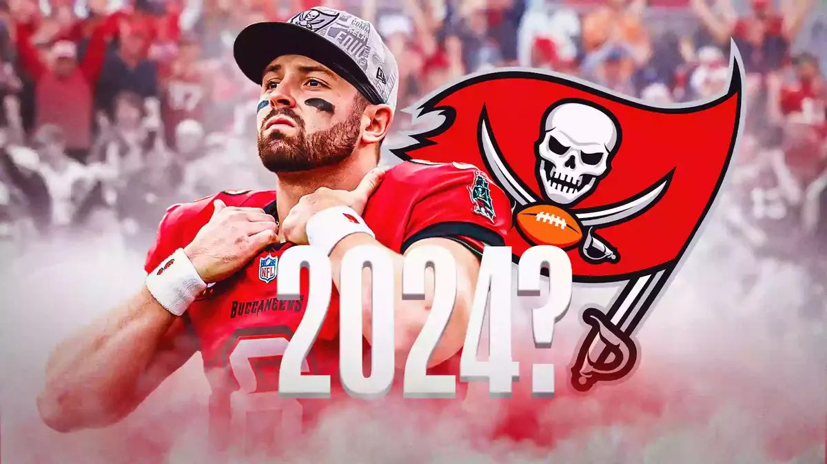 Buccaneers' Baker Mayfield on left. Buccaneers logo on right. In middle, write the following: 2024?