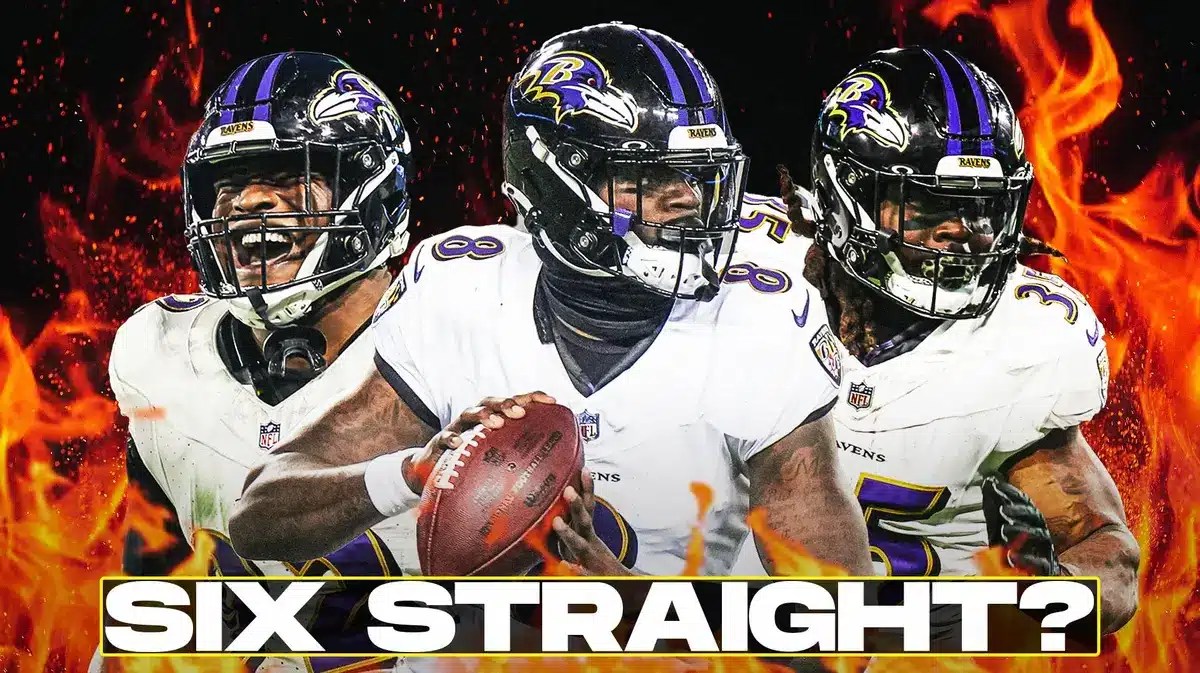 Lamar Jackson, Gus Edwards, Justin Madubuike all beside each other with flames in the background.