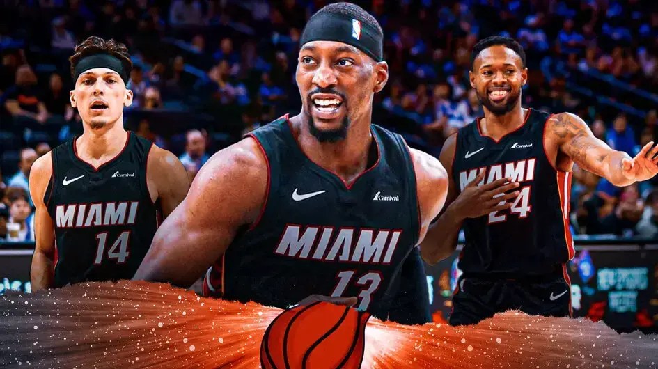 Miami Heat's Bam Adebayo, Tyler Herro, and Haywood Highsmith in front of the Kaseya Center.
