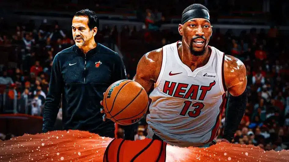 Miami Heat's Erik Spoelstra and Bam Adebayo in front of the Kaseya Center.