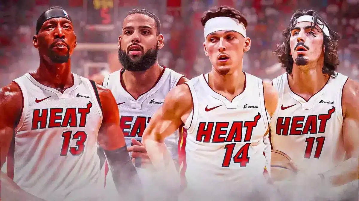 Miami Heat's Bam Adebayo, Caleb Martin, Tyler Herro, and Jaime Jaquez Jr. in front of the Kaseya Center.