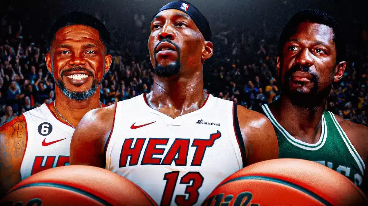 Miami Heat star Bam Adebayo next to Udonis Haslem and Bill Russell in front of the Kaseya Center.