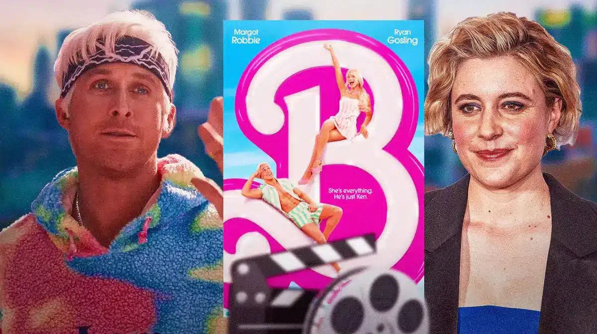 Ryan Gosling as Ken next to Barbie poster and director Greta Gerwig.