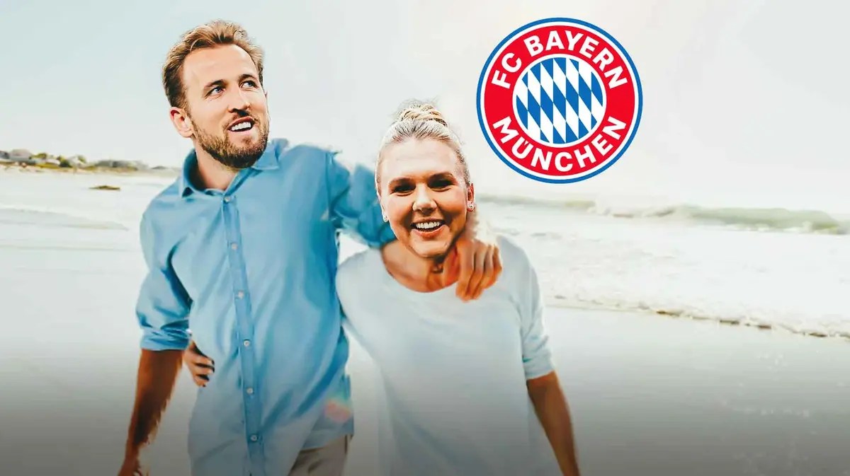 Harry Kane and Katie Goodland on a beach, the Bayern Munich logo in the sky