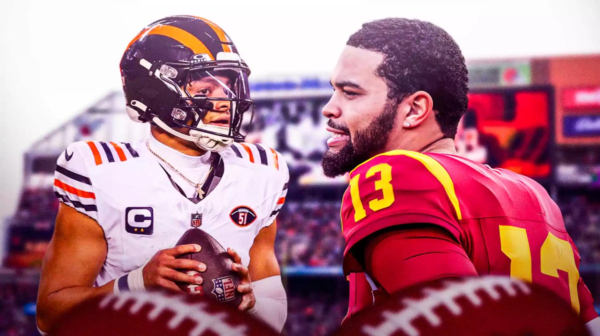 Bears, Caleb Williams, Justin Fields, Justin Fields Bears, Caleb Williams Bears, Justin Fields and Caleb Williams with Bears stadium in the background