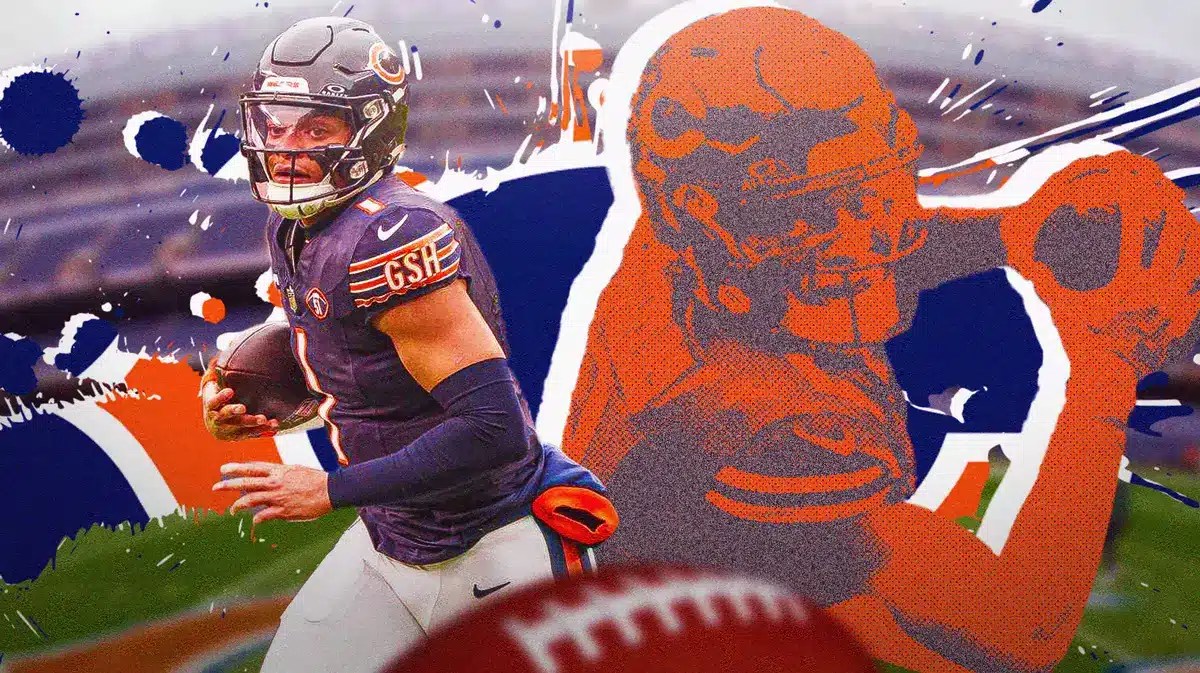 Chicago Bears star Justin Fields in front of Soldier Field.
