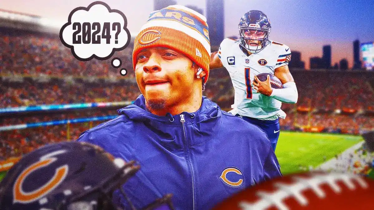 Bears' Justin Fields with a thought bubble. In the bubble, write the following: 2024?