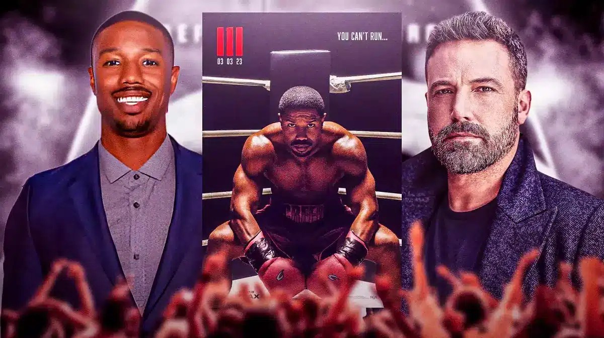 Michael B. Jordan and Ben Affleck between the Creed III poster.