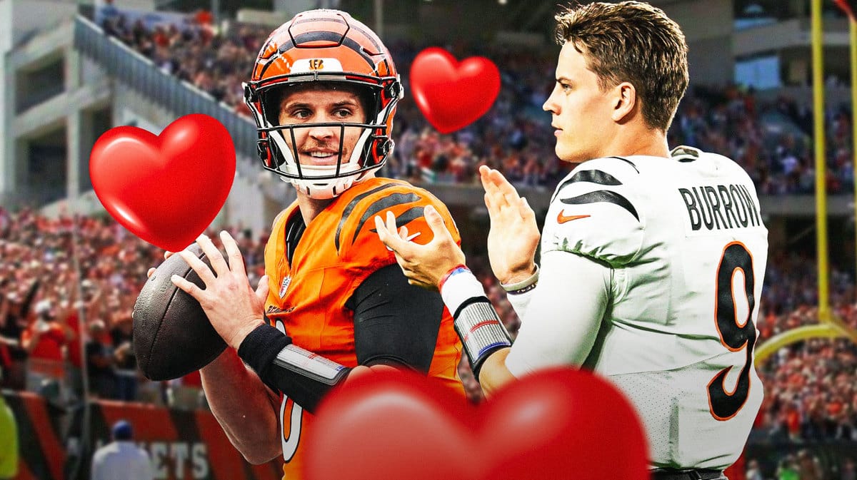 Bengals' Jake Browning happy with a celebrating Paycor Stadium behind him, with Joe Burrow clapping beside Browning, hearts all over Browning