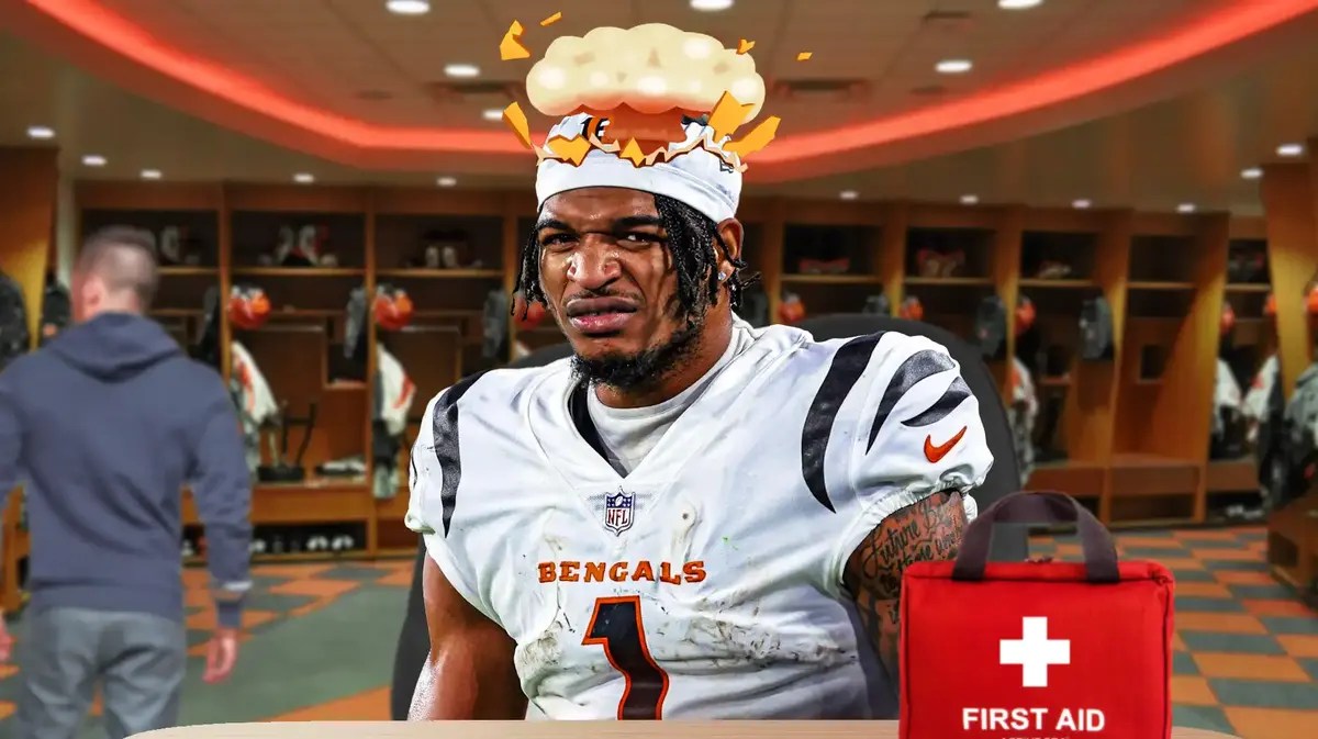Ja’Marr Chase with mind-blown head while holding first-aid kit