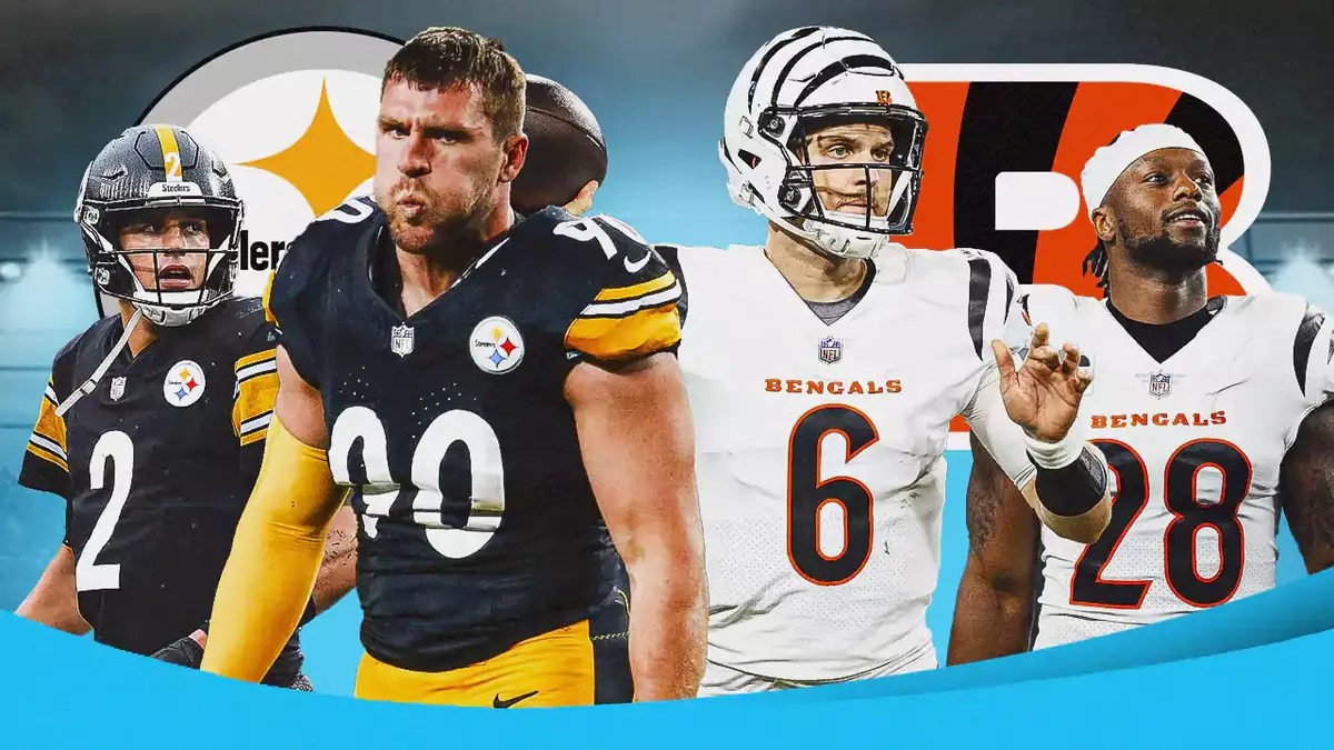 Mason Rudolph, T.J. Watt, Steelers logo vs. Jake Browning, Joe Mixon, Bengals logo.