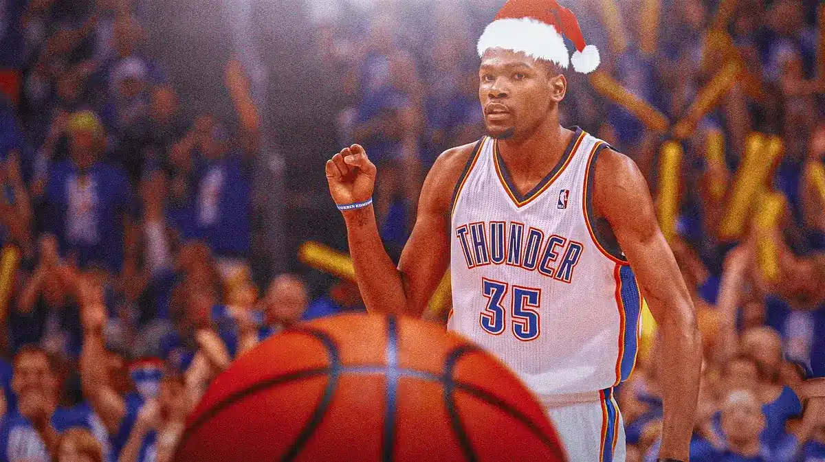 Kevin Durant with a Santa Claus hat on.