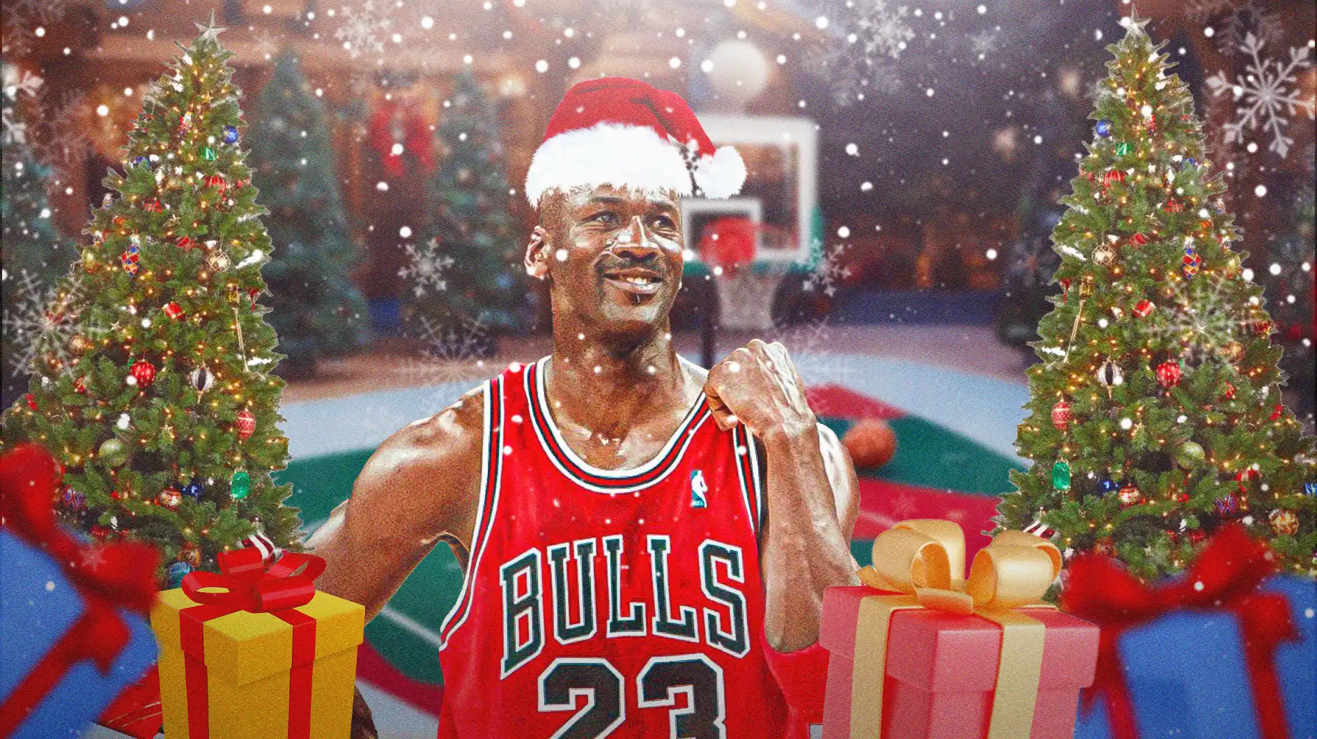 Bulls' Michael Jordan in a Santa hat