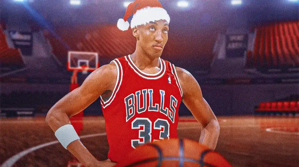 Scottie Pippen with a Santa Claus hat on.