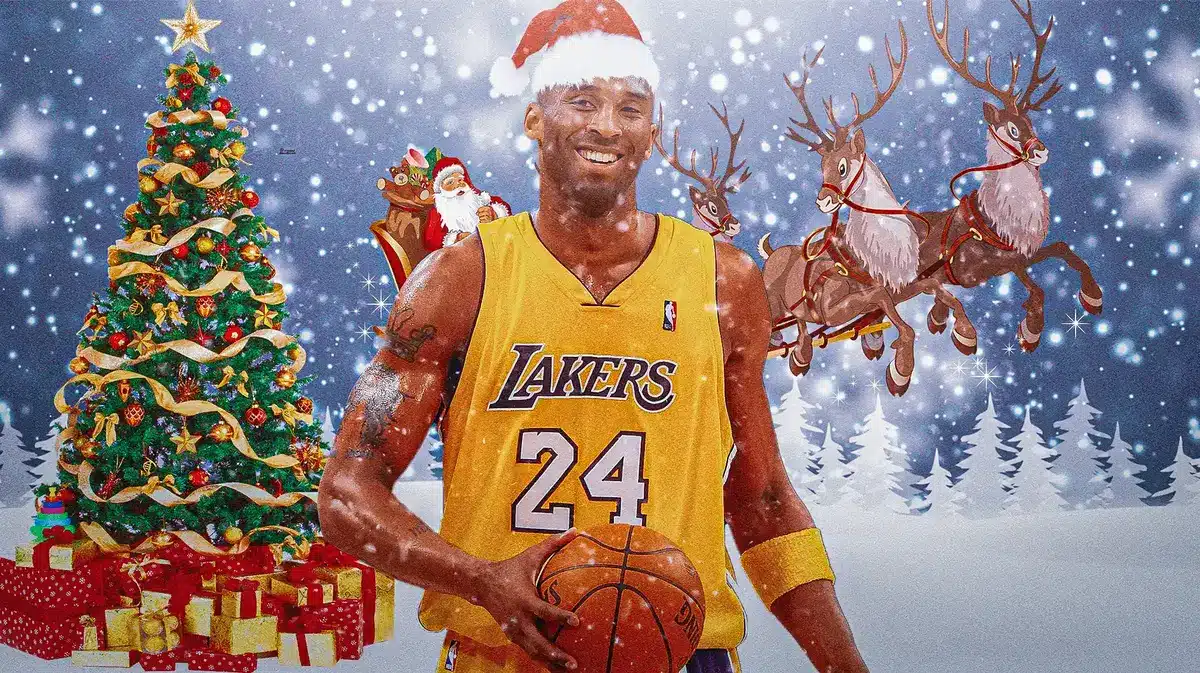Kobe Bryant with Santa Claus hat and Christmas trees/snow/presents