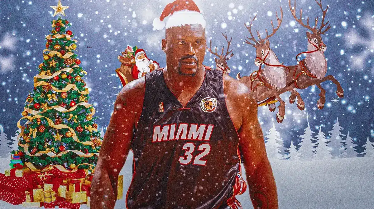 Shaquille O'Neal with Santa Claus hat and snow/Christmas tree/presents