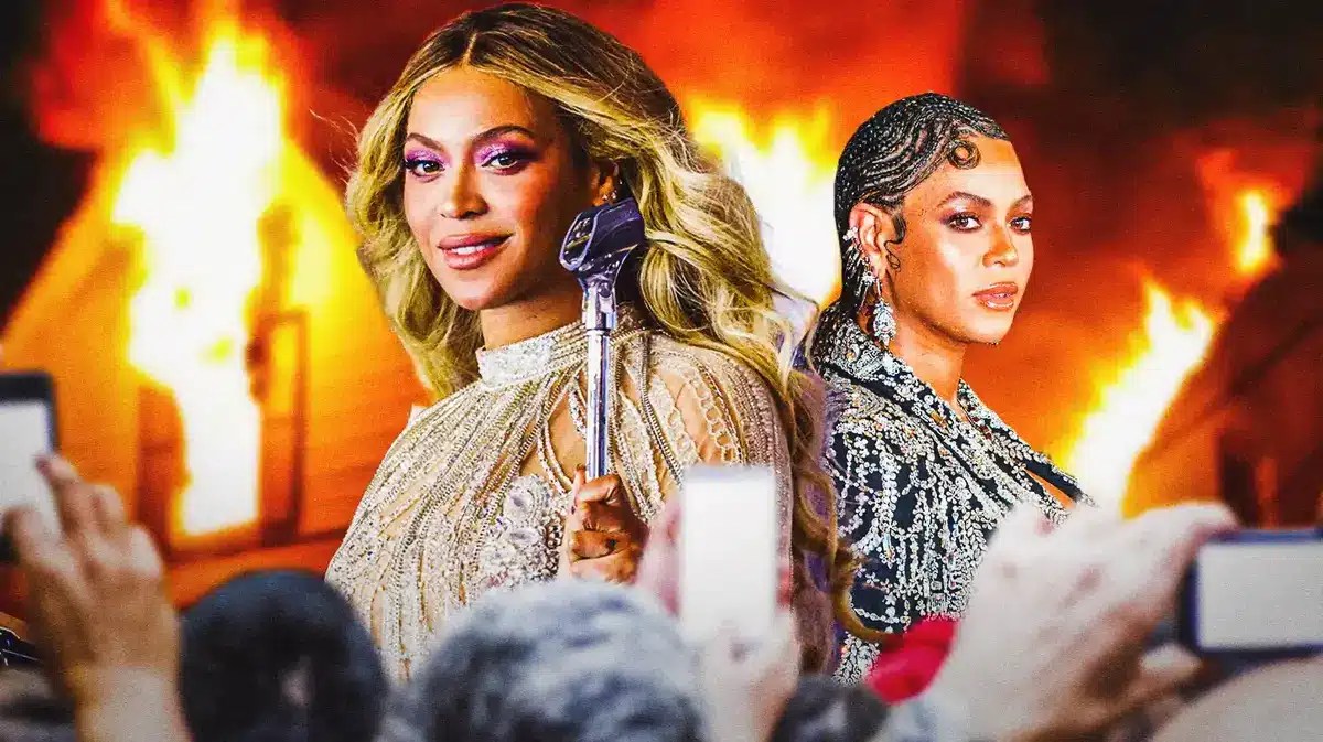 Beyoncé with a house with fire behind her
