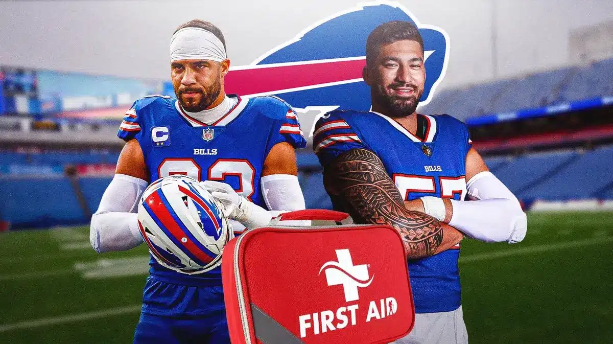 Photo: Micah Hyde and AJ Epenesa in Bills uniform with Bills logo and med kits around them