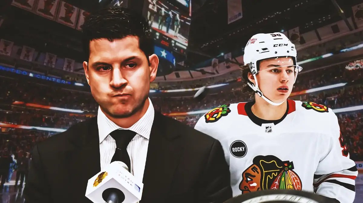 Blackhawks star Connor Bedard with GM Kyle Davidson.