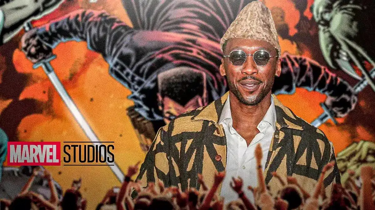 MCU Marvel Studios logo next to Mahershala Ali and Blade in background.